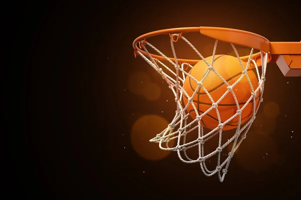 Representación 3d de una pelota de baloncesto en la red sobre un fondo oscuro . — Foto de Stock