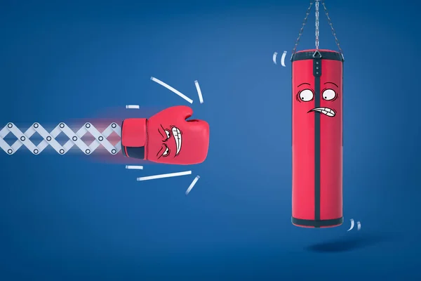 3D renderização de luva de boxe prestes a bater saco de perfuração, ambos com caras engraçadas dos desenhos animados . — Fotografia de Stock