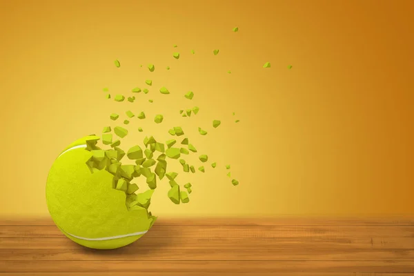 3D-Darstellung eines Tennisballs, der auf einer Holzoberfläche liegt und auf gelbem Hintergrund mit viel Kopierraum zu zerfallen beginnt. — Stockfoto