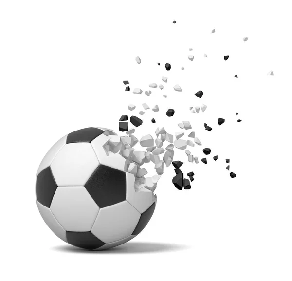 Απόδοσης 3D γκρο πλαν του ποδοσφαίρου αρχίζει να σπάσει σε κομμάτια και εξαφανίζονται σε λευκό φόντο. — Φωτογραφία Αρχείου