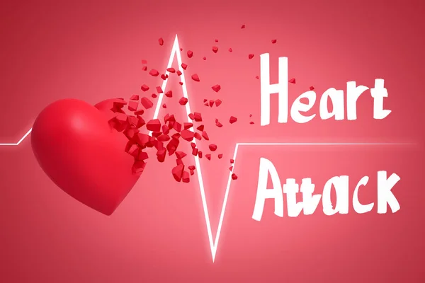 3d rendering of red heart shattering into small pieces with a heart rhythm cardiogram and HEART ATTACK sign on pink background — Stock Photo, Image