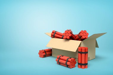 mavi zemin üzerine karton kutuda 3D render tnt dinamit sopa