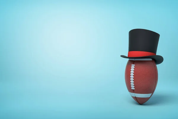 3d rendering of brown oval ball wearing black tophat with much copy space on the rest of light blue background.