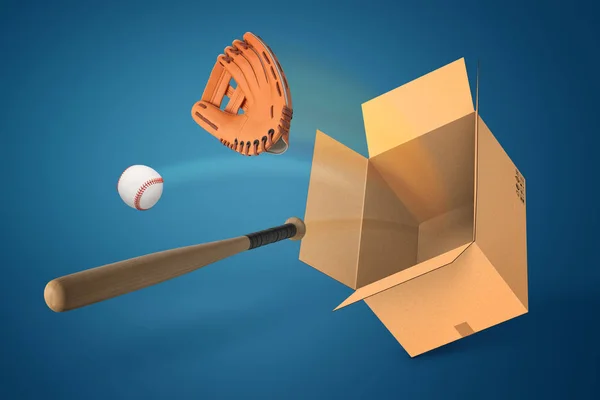 3D-weergave van een honkbal, een honkbalknuppel en cap en een lege kartonnen doos op blauwe achtergrond. — Stockfoto