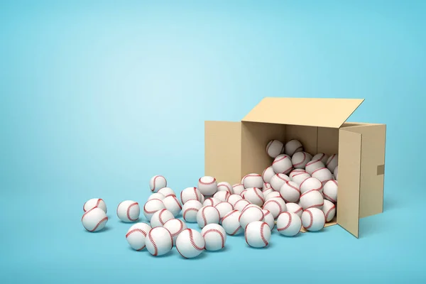 3d renderização de caixa de papelão aberto deitado ao lado cheio de bolas de beisebol com algumas bolas no chão . — Fotografia de Stock