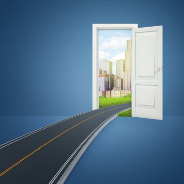 odanın içinde şehirden bir asfalt yol lider ile güzel bir modern şehir üzerinde açılan bir kapı 3D render.