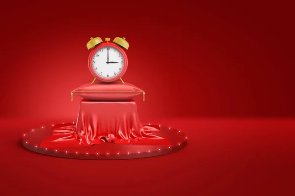 3D renderização de despertador vermelho na almofada vermelha e pedestal coberto com pano vermelho no fundo vermelho — Fotografia de Stock