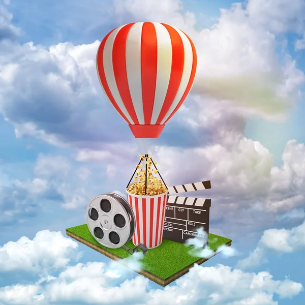 3d rendering di pellicola applauso bordo, nastro film, secchio popcorn con una mongolfiera bianca rossa su sfondo cielo blu nuvole bianche — Foto Stock