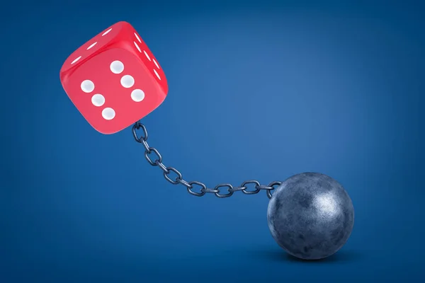 3d rendering of red dice chained to metal ball on blue background