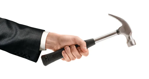 Обрезание крупным планом руки человека с молотком с резиновой ручкой на белом фоне . — стоковое фото