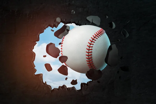3D-rendering av en baseball stansning hål i svart vägg med blå himmel kikar genom. — Stockfoto