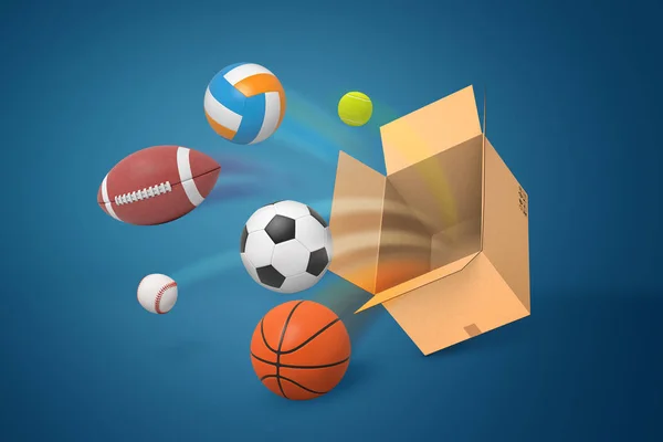 Renderowania 3D zestaw sport kulek pływających pudełko kartonowe na niebieskim tle — Zdjęcie stockowe