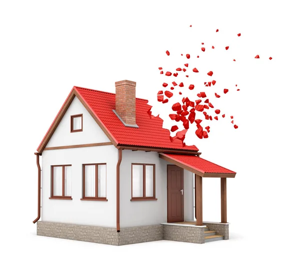 3D vykreslování jednopatrová řadového domu s krbem se začaly rozpadat na kousky z jedné strany jeho červené střechy izolované na bílém pozadí. — Stock fotografie