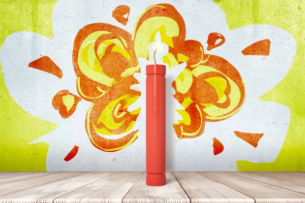 3d rendering of red dynamite stick on white wooden floor with a cartoon explosion drawn on the background — Stock Photo, Image