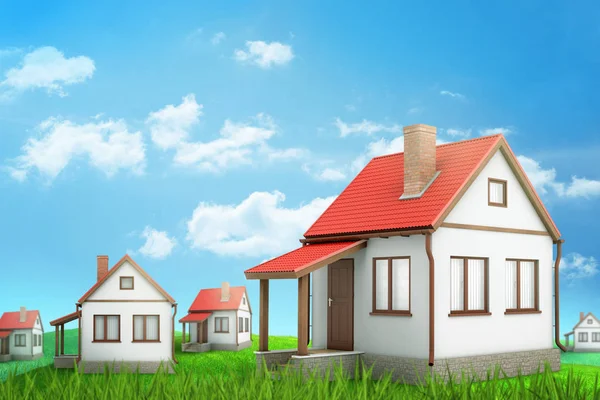 3d rendering of white houses on green grass, blue sky and white clouds background
