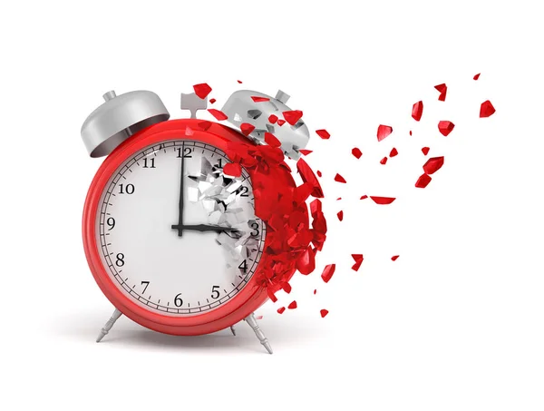 Renderowania 3D czerwony alarm clock roztrzaskując się małe kawałki na białym tle — Zdjęcie stockowe