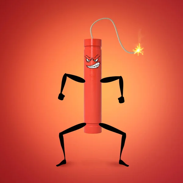 3d rendering of red dynamite stick with burning wicker and grinning cartoon face, cartoon arms and legs.