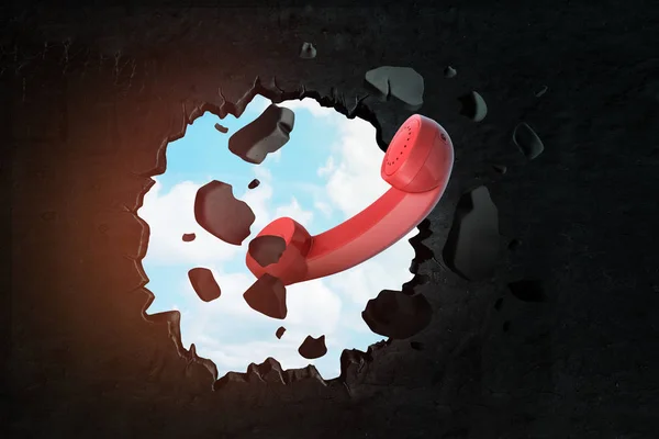 3D-rendering van rode vaste telefoon ontvanger doorbreken zwarte muur met blauwe hemel zichtbaar vanuit hole. — Stockfoto