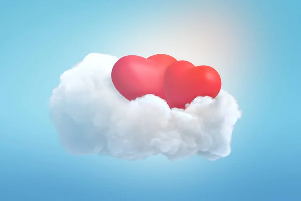 3D-rendering av två röda hjärtan på vita moln på blå bakgrund — Stockfoto