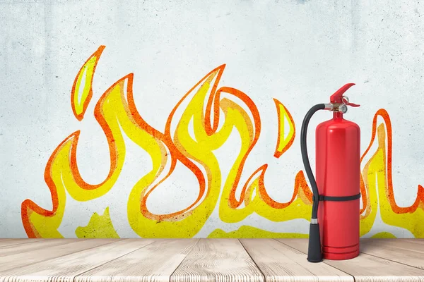 3D рендеринг огнетушителя, стоящего у стены с рисунком пламени на ней . — стоковое фото