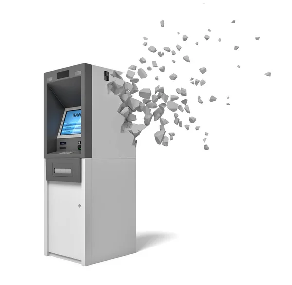 3D rendering kezd feloldódni, darabokra a hátsó oldalról, fehér háttér, fehér és szürke ATM. — Stock Fotó