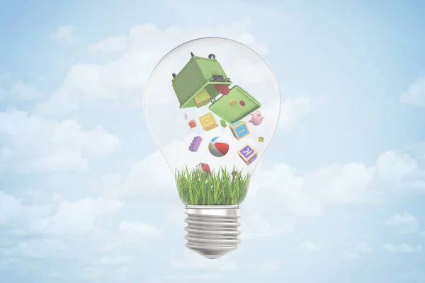 3d rendering of light bulb with trash can upside down inside, from which toys and other objects are falling down onto grass inside bulb.