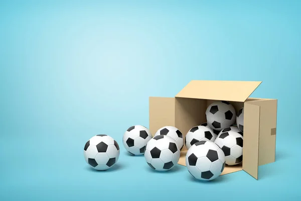 3d renderização de caixa de papelão cheio de bolas de futebol no fundo azul . — Fotografia de Stock