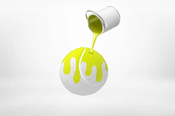 3D-rendering van verf kan morsen gele verf op lichtgrijs tennisbal in Mid-Air op witte achtergrond. — Stockfoto