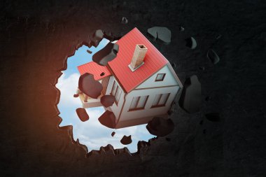 Kırmızı ile müstakil ev 3D Render mavi gökyüzü deliğinden bakmak ile siyah duvar kırma çatı döşenir.
