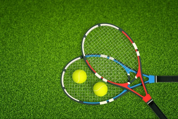 3D-Darstellung von zwei Tennisschlägern und zwei Tennisbällen von oben auf einem frischen grünen Rasen. — Stockfoto