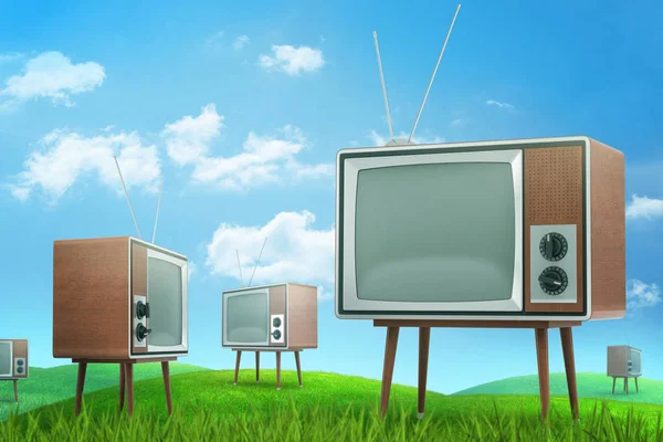 3D renderização de campo verde com muitos aparelhos de TV antigos sob belo céu azul . — Fotografia de Stock
