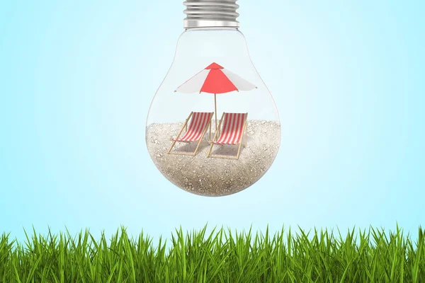 3d rendering of light bulb with beach umbrella and chairs on sand inside, hanging above green grass.