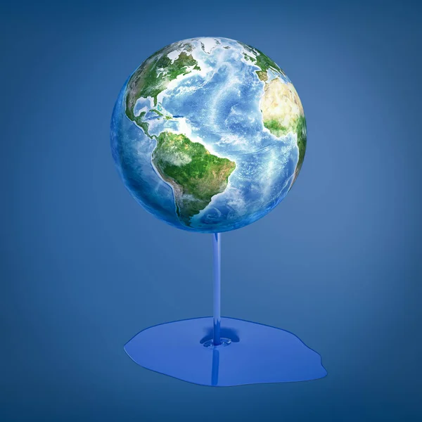 3D rendering van aarde Globe met blauwe dikke vloeistof smelten af op blauwe achtergrond — Stockfoto