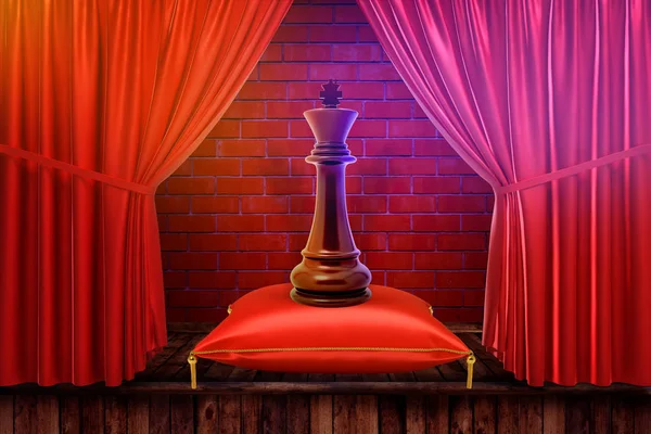 3d rendering of a chess king piece on a red royal pillow placed on stage with red curtains.