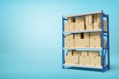 3D Render mavi zemin üzerine metal raflar karton kutu