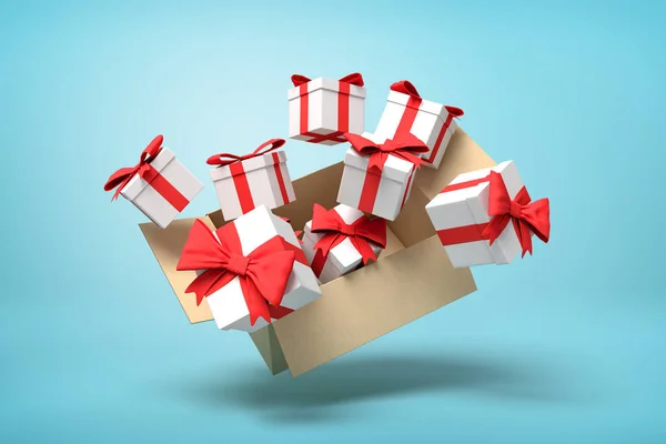 3d representación de la caja de cartón volando en el aire lleno de cajas de regalo sobre fondo azul claro . — Foto de Stock