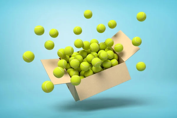 3d 渲染纸板箱充满网球在半空中在浅蓝色背景. — 图库照片