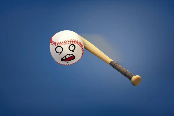 3d rendering dari tongkat bisbol memukul bola putih yang memiliki gambar wajah terkejut di atasnya . — Stok Foto