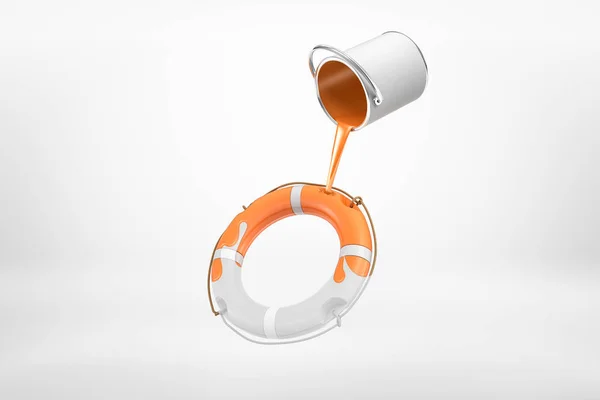 3D renderização de tinta pode derramar tinta laranja na bóia de vida cinza-claro no ar no fundo branco . — Fotografia de Stock