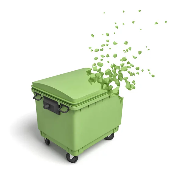 3D-Rendering geschlossener grüner Müllcontainer, der sich von einer Seite auf weißem Hintergrund in Stücke aufzulösen beginnt. — Stockfoto