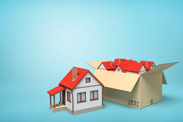 3d rendering of detached houses in carton box on blue background.