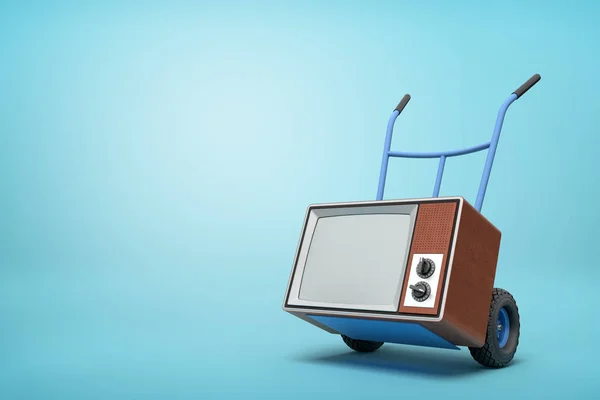 3d renderização de azul mão caminhão de pé em meia volta com marrom retro TV set sobre ele no fundo azul-claro com espaço de cópia . — Fotografia de Stock