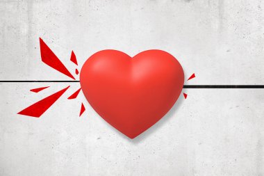 beyaz duvar arka planda kırmızı kırık parçaları ile kırmızı mızraklandı kalp 3D render