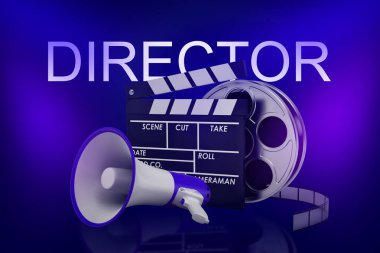 Film Klaket, film makaraları ve megafon yönetmen tabelada neon mavi arka plan ile 3D render