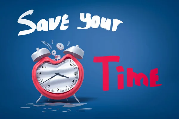 3D renderização de relógio de alarme vermelho prata danificada com salvar o seu sinal de tempo no fundo azul — Fotografia de Stock