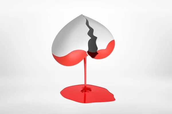 3D-Darstellung eines gebrochenen Herzens auf den Kopf gestellt mit roter Farbe auf weißem Hintergrund — Stockfoto