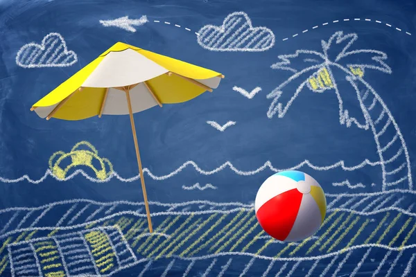 3d representación de una sombrilla de playa y una pelota de playa contra un dibujo de tiza de una playa, palmera y mar . —  Fotos de Stock