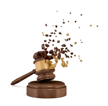 3d rendering of brown gavel starting to dissolve into pieces isolated on white background. clipart
