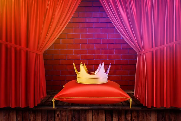 3D-rendering av gyllene krona på en kudde med röda gardiner och röd tegel vägg bakgrund — Stockfoto