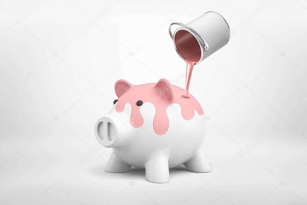 3d rendering of can of paint in the air spilling pink paint over white piggy bank on white background.